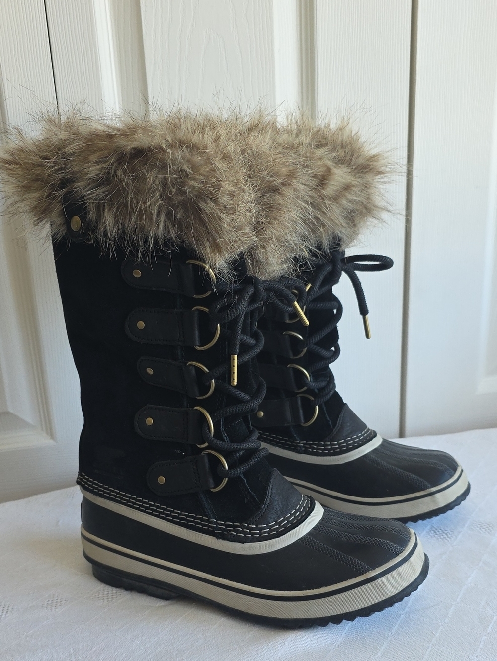 Sorel Joan Of Arctic Waterproof Black Winter Lace-Up Boots Faux Fur Trim Size 8